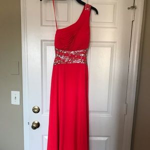 Burnt orange one shoulder gown